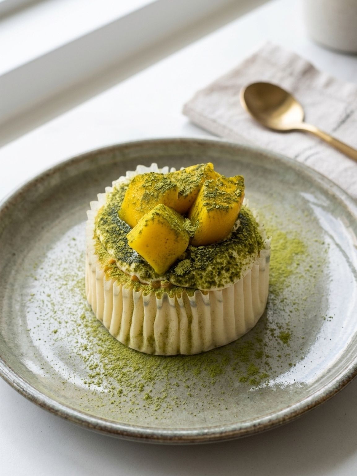 Green dessert topped with mango cubes on a gray plate, dusted with matcha powder beside a gold spoon