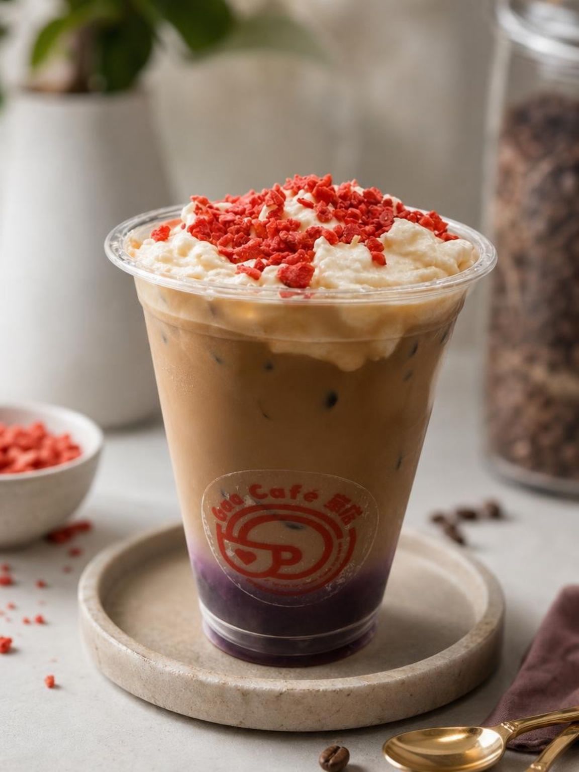 Iced coffee in a clear cup topped with whipped cream and red sprinkles on a saucer