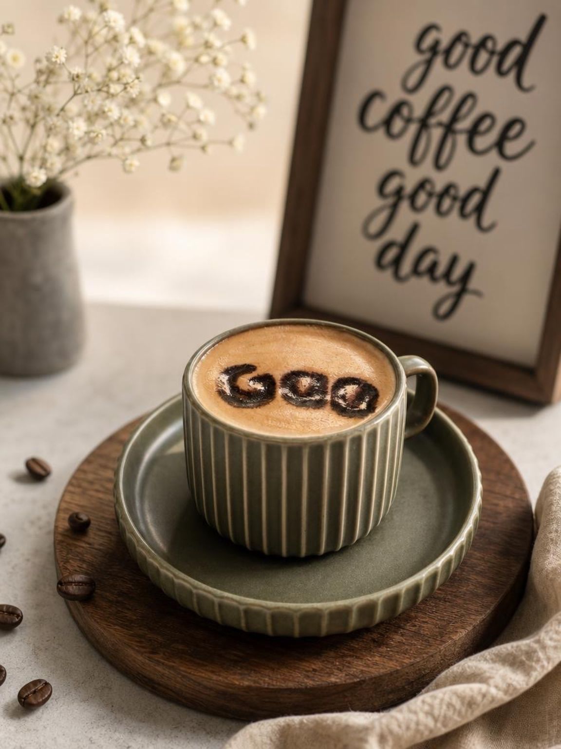 Coffee cup with latte art on saucer beside a sign reading “good coffee good day”