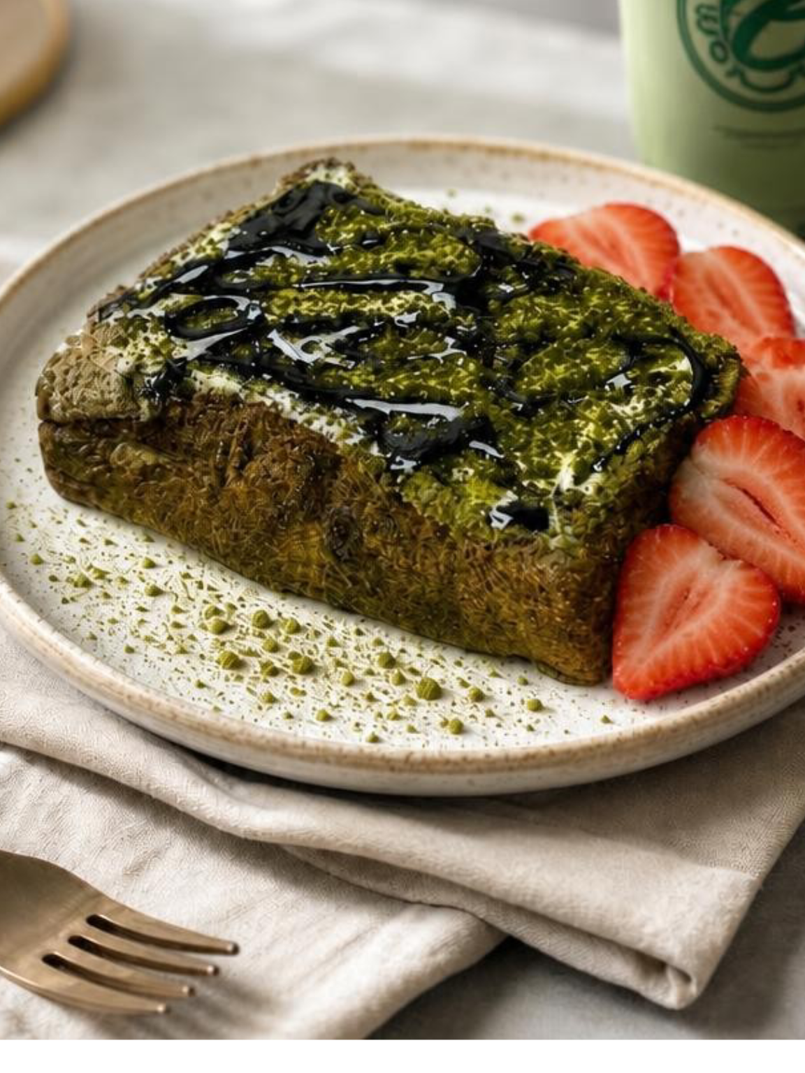 Green matcha dessert square on a white plate with strawberry slices and powdered matcha dusting