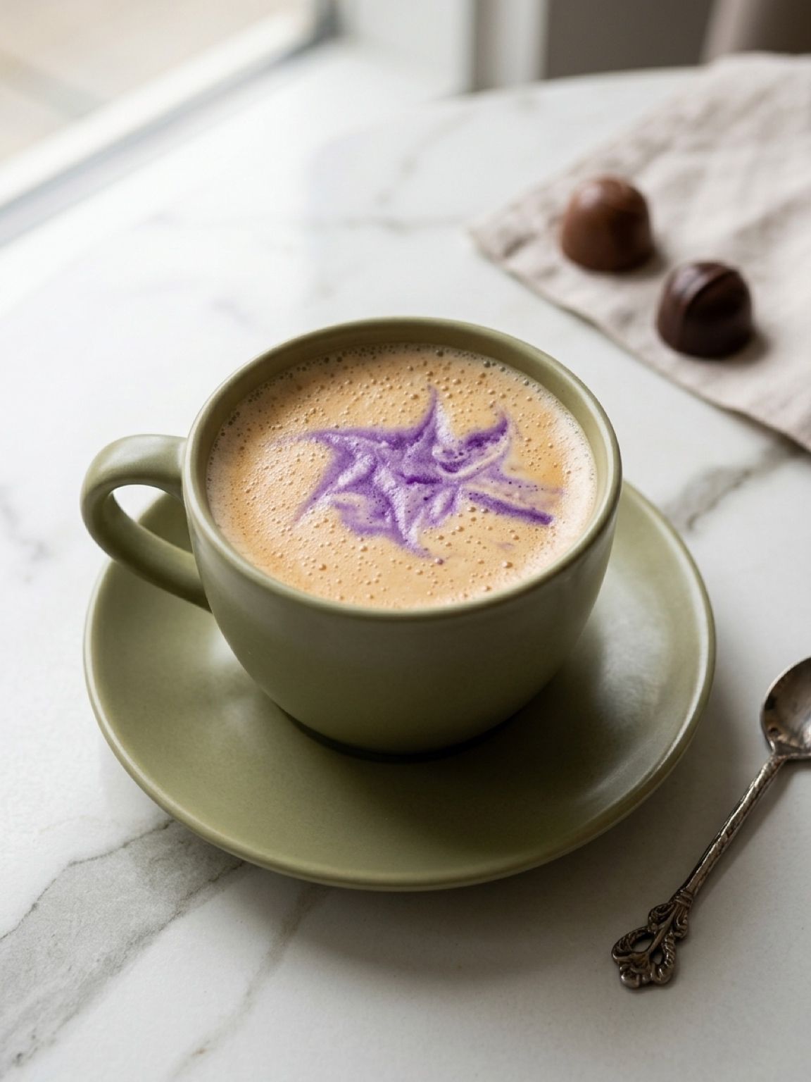 Olive-green cup of coffee with purple latte art on a saucer, on a white marble table with chocolates and a spoon.