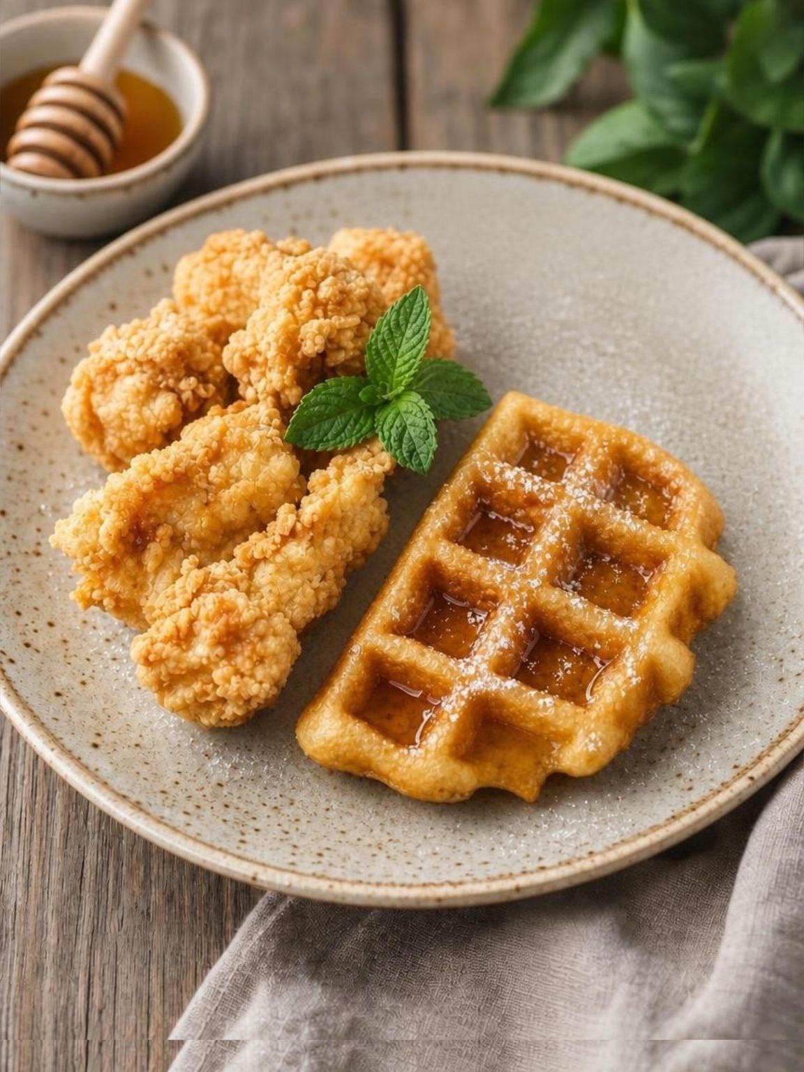 Waffles with fried chicken on a beige plate, garnished with mint, beside a cup of syrup.