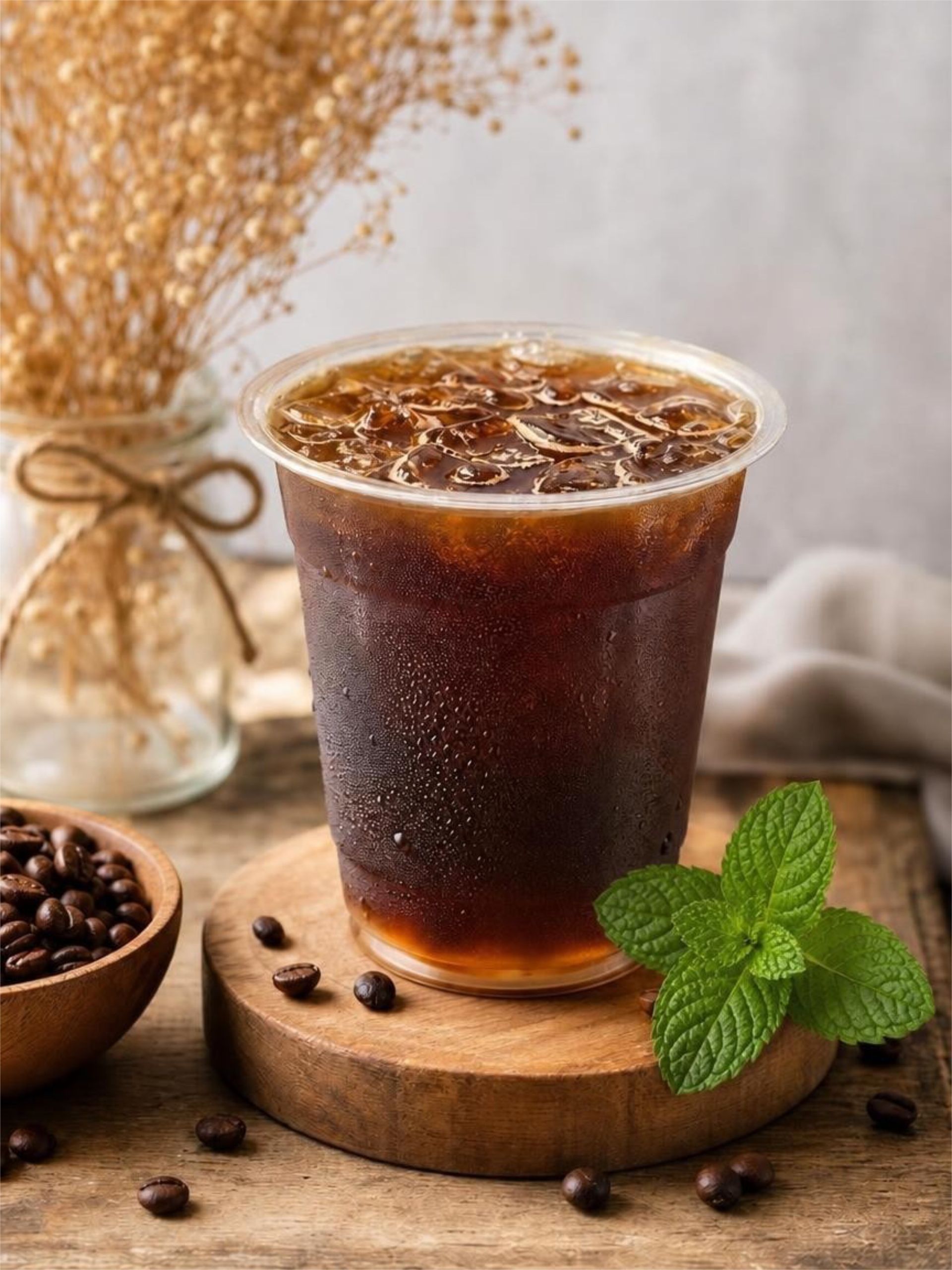 Iced coffee in a clear plastic cup on a wooden board with coffee beans and mint garnish