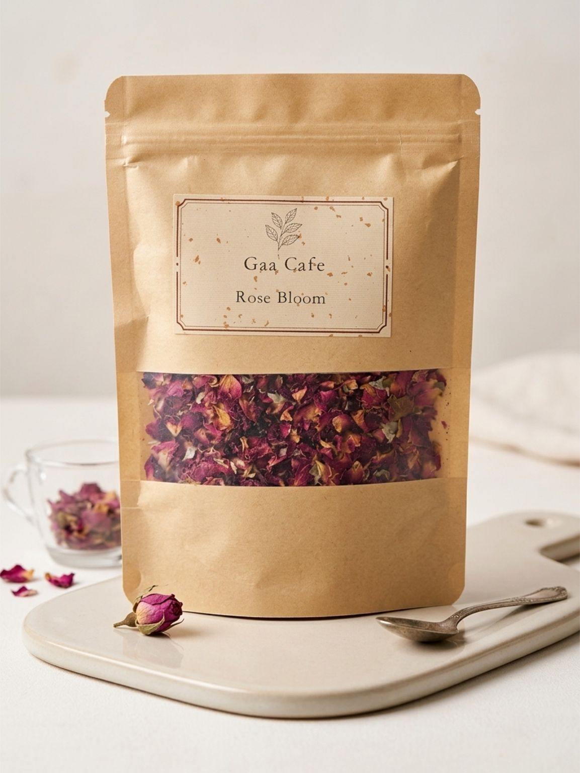 Kraft pouch of herbal tea with dried rose petals, on a white tray with a spoon and loose petals
