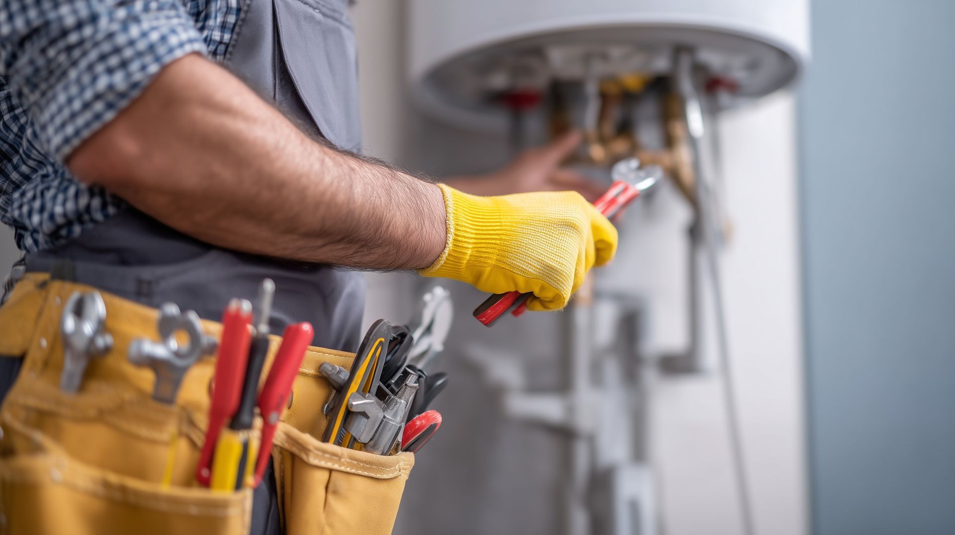 Plumber repairing or servicing a residential water heater with tools and equipment