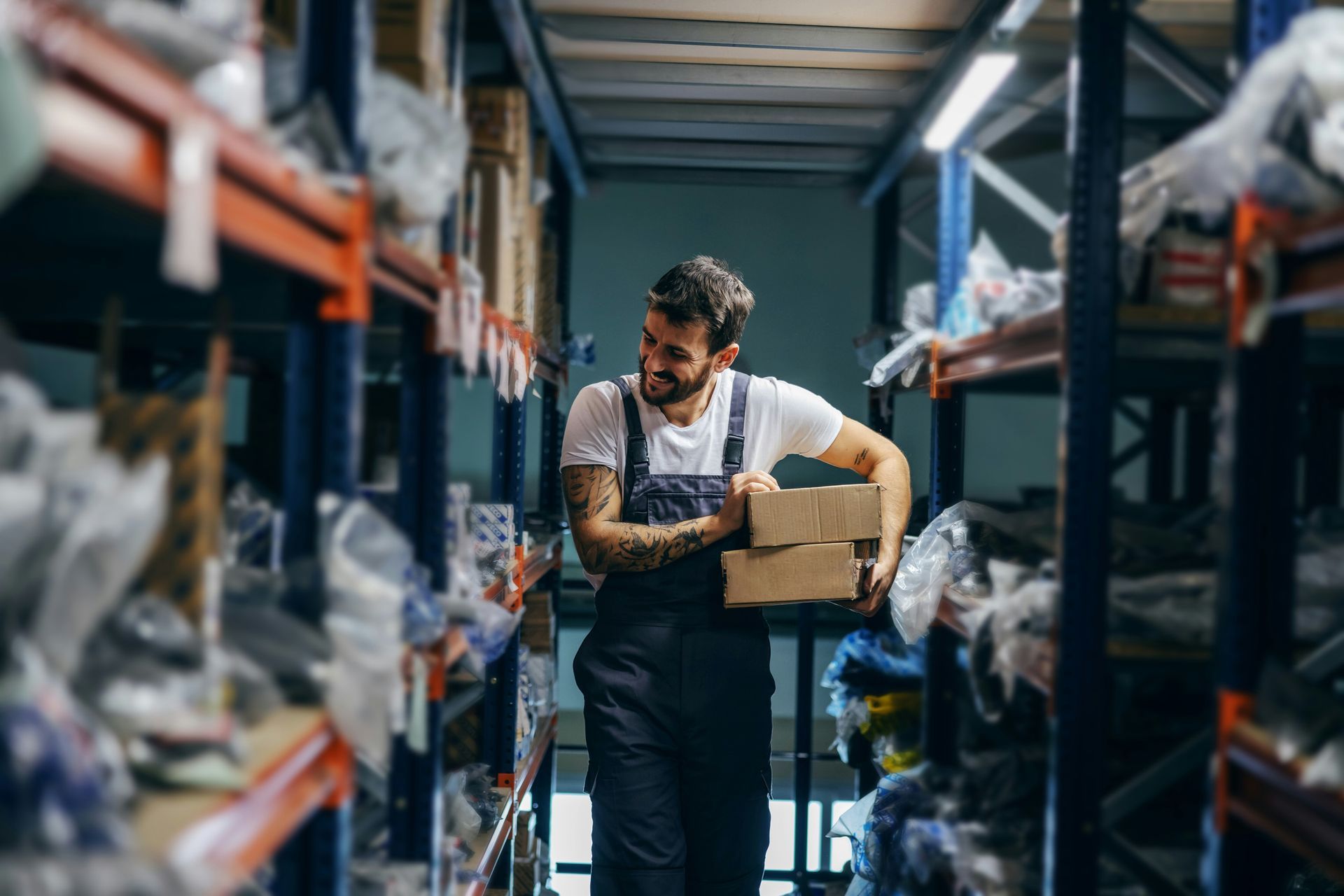 Warehouse worker carrying boxes between storage racks