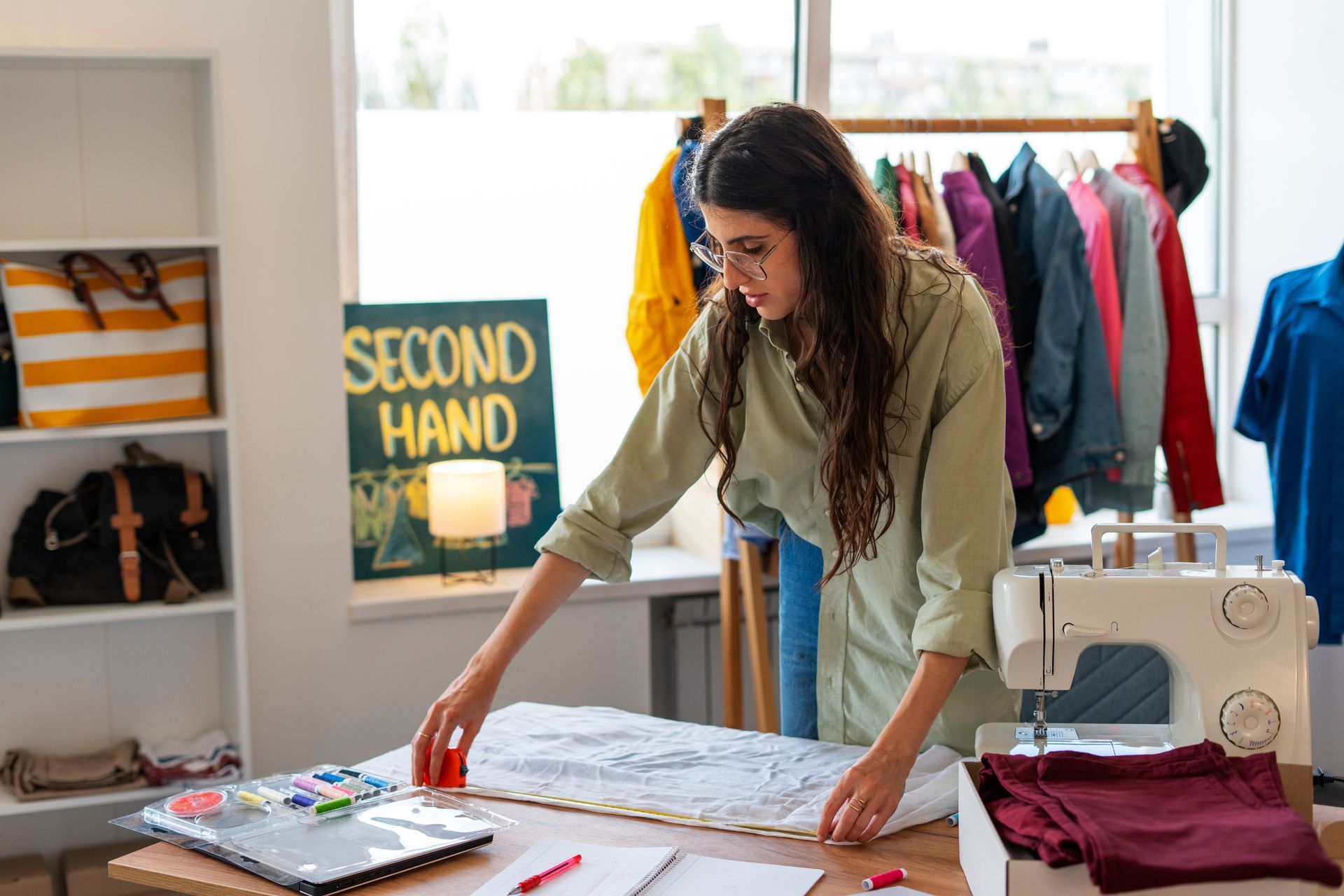 Person arranging clothes at a second-hand shop counter with sewing machine and garments displayed