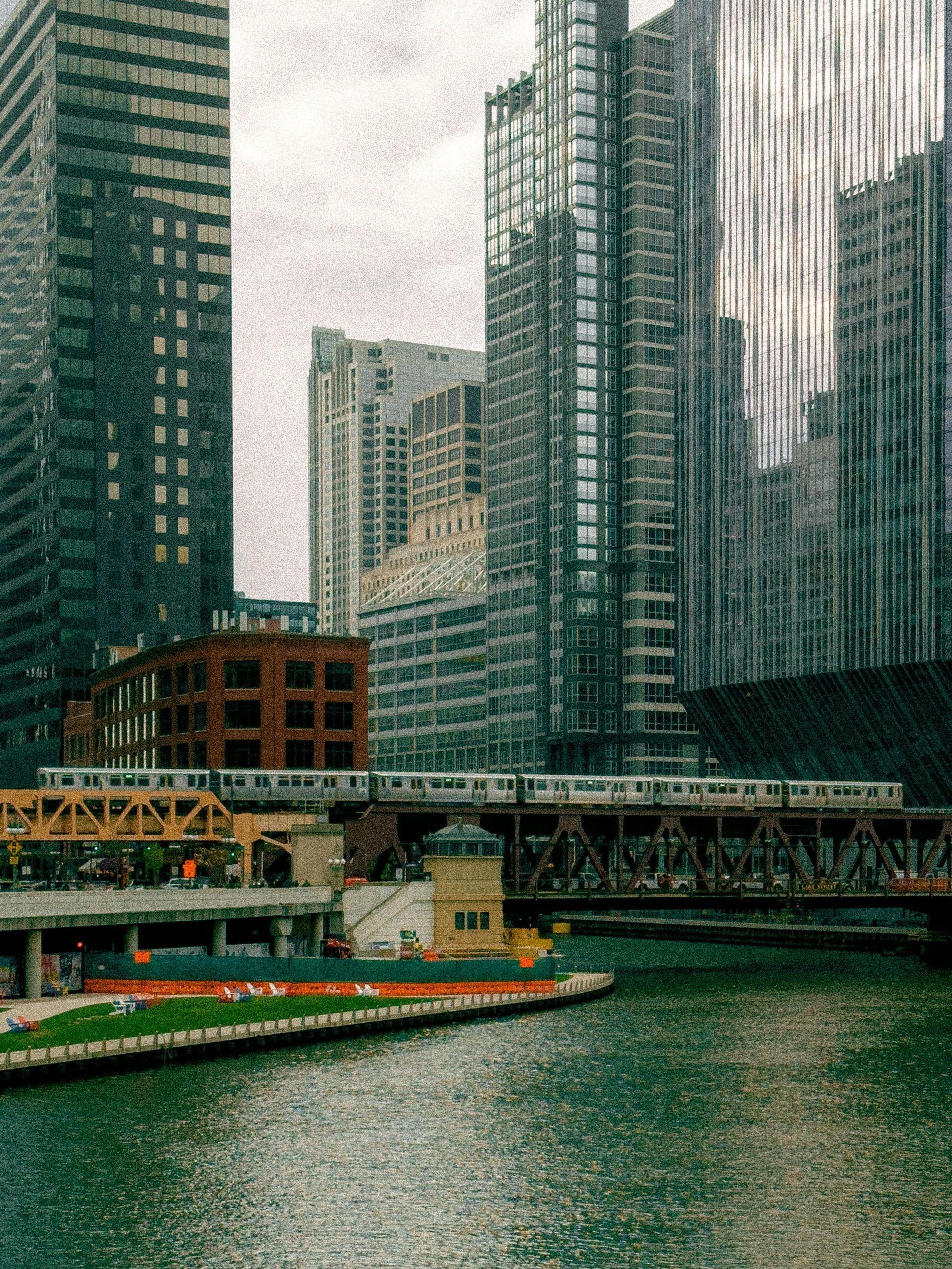 Riverfront in a city downtown with tall glass skyscrapers, a bridge, and a canal lined with flowers