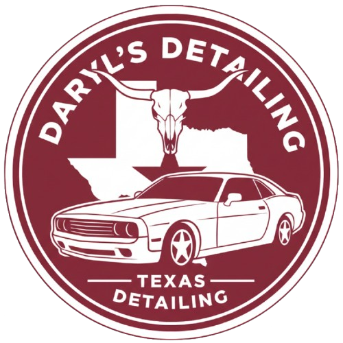 Logo for Daryl's Detailing: car, Texas outline, longhorn skull in maroon circle with white text.