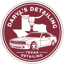 Logo for Daryl's Detailing: car, Texas outline, longhorn skull in maroon circle with white text.