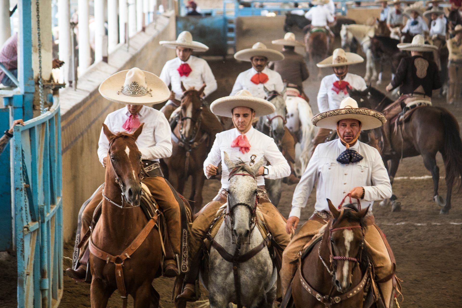 Vaqueros a caballo con sombreros cabalgan en una arena de rodeo, con más jinetes al fondo.