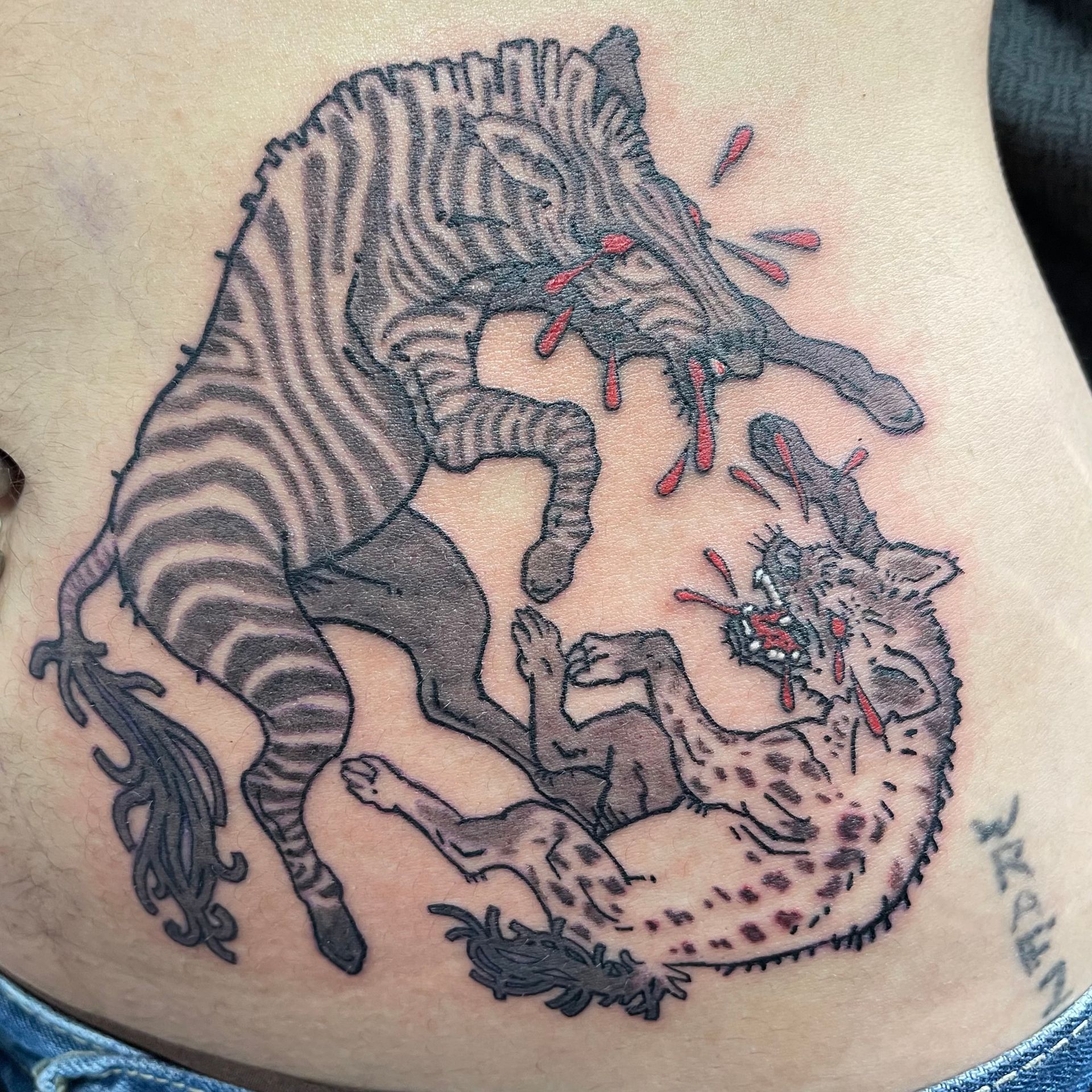 Black-and-red zebra tattoo biting a spotted carcass on skin