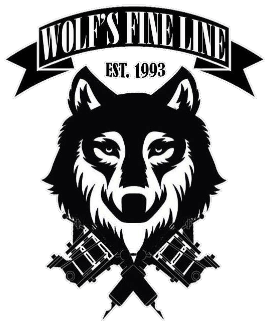 Wolf’s Fine Line logo with a stylized black wolf head, crossed tattoo machines, and “EST. 1993” text.