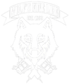 Faint wolf-head emblem with crossed guns and a banner reading “Howlin’ for HXL,” in light gray outline.