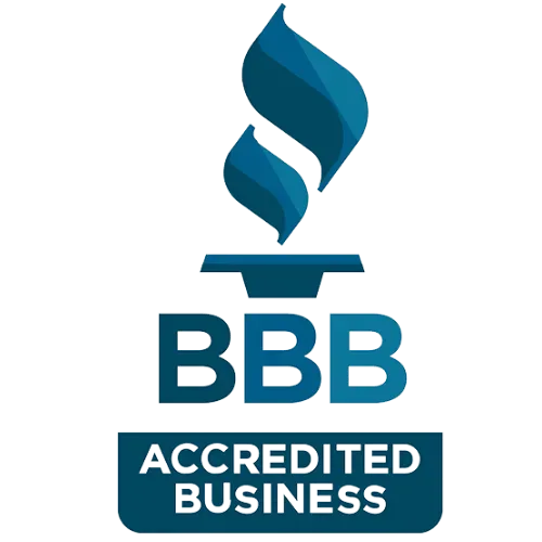 A logo for an accredited business with a flame on top of it.