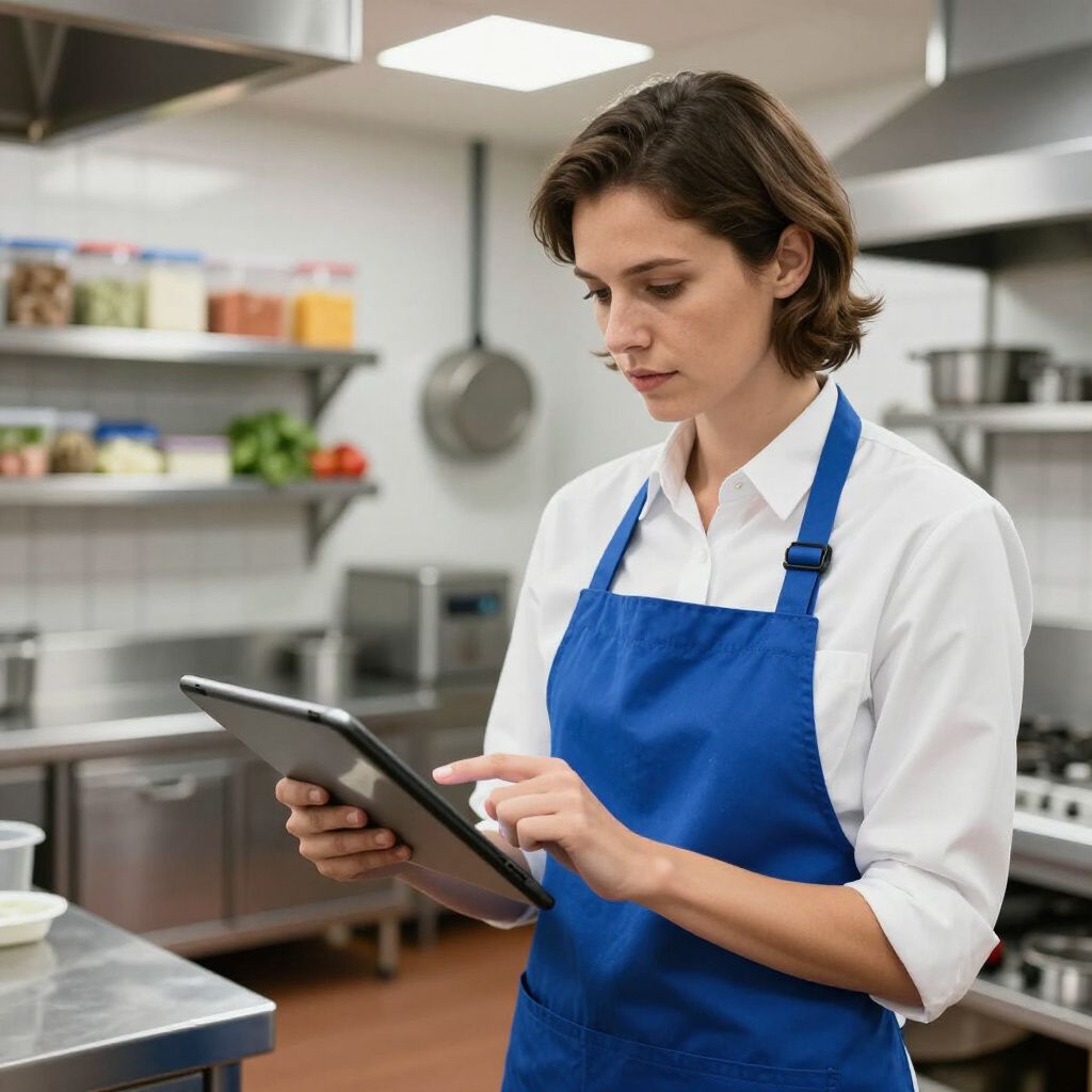 A person wearing a white shirt and blue apron uses a tablet in a professional commercial kitchen.