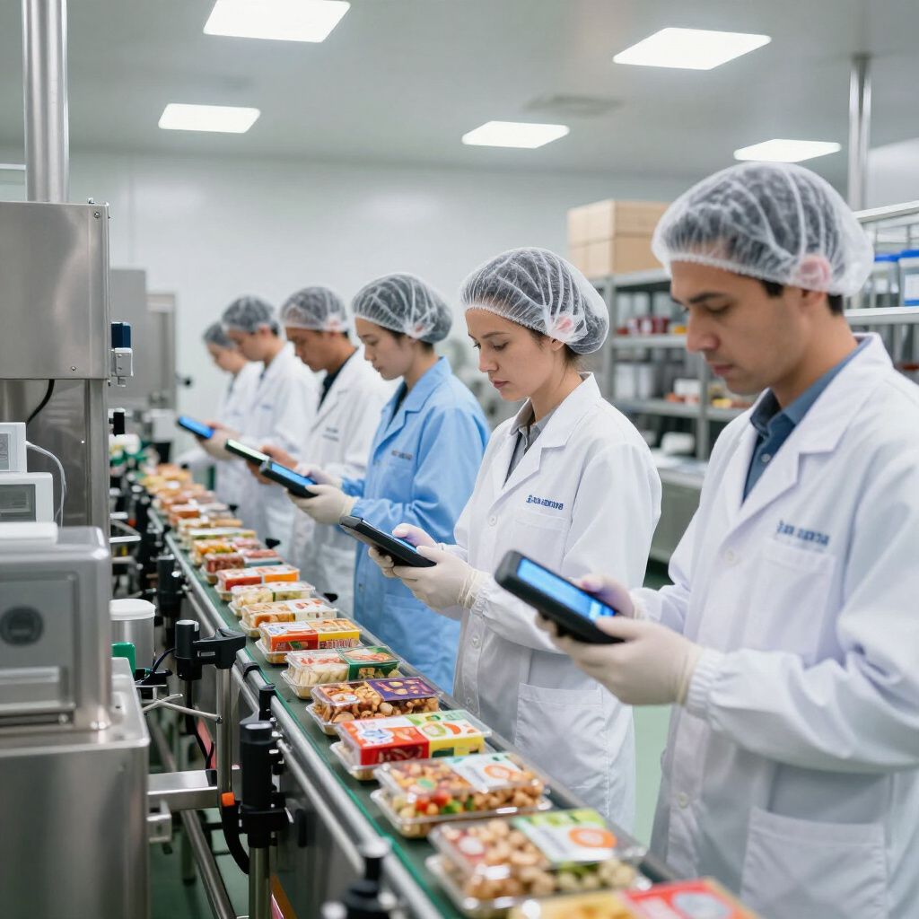 Workers in white lab coats and hairnets inspect packaged food products moving along a factory conveyor belt.
