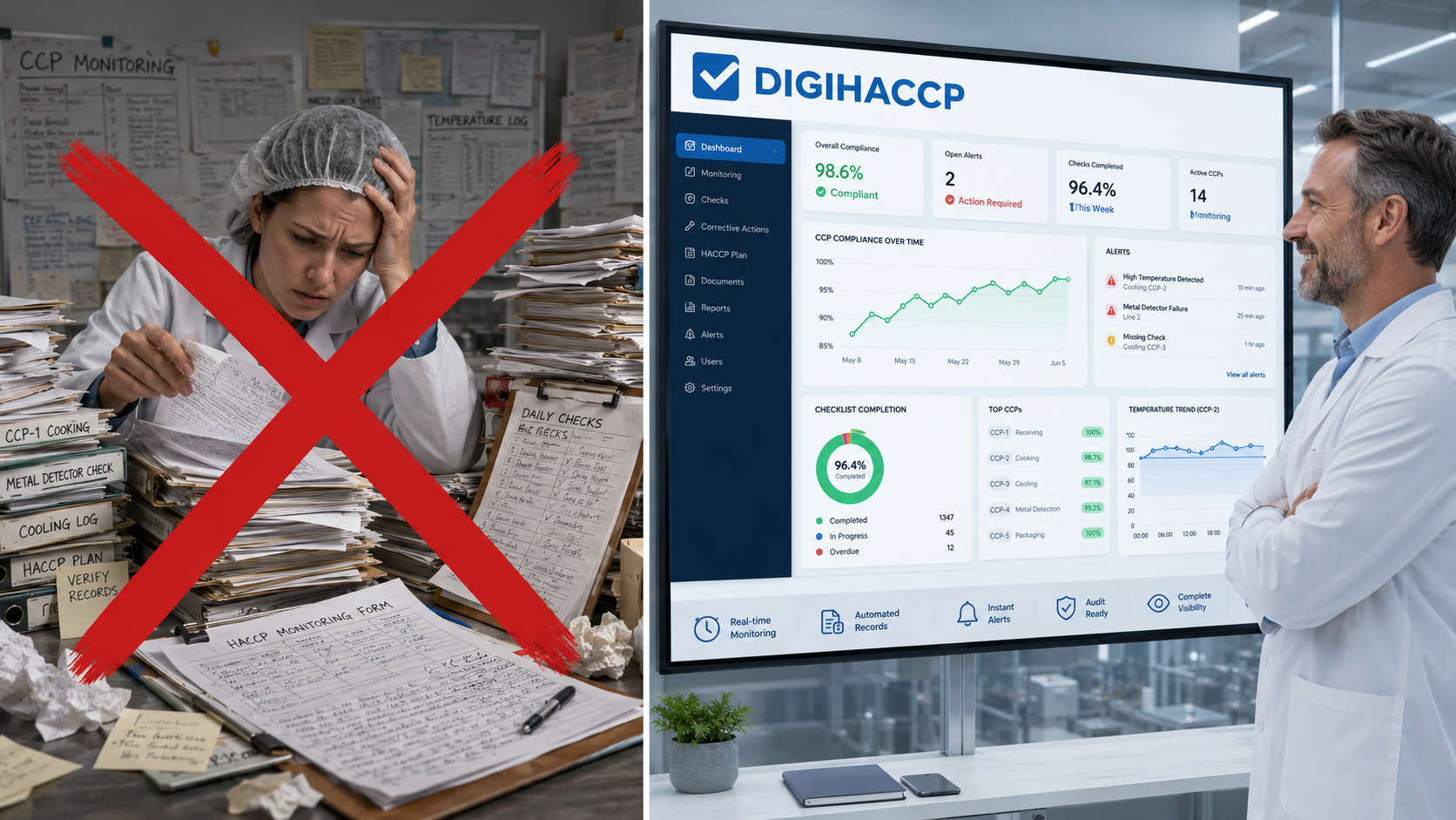 Red X over a stressed worker at a cluttered desk, beside a doctor viewing a digital health dashboard.