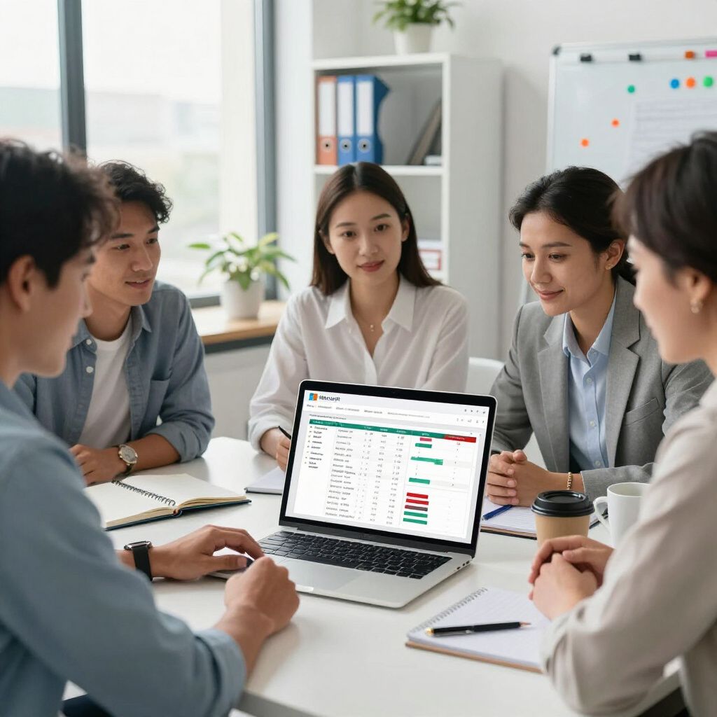 Five colleagues collaborate in an office, gathered around a laptop displaying a data spreadsheet on a white conference table.