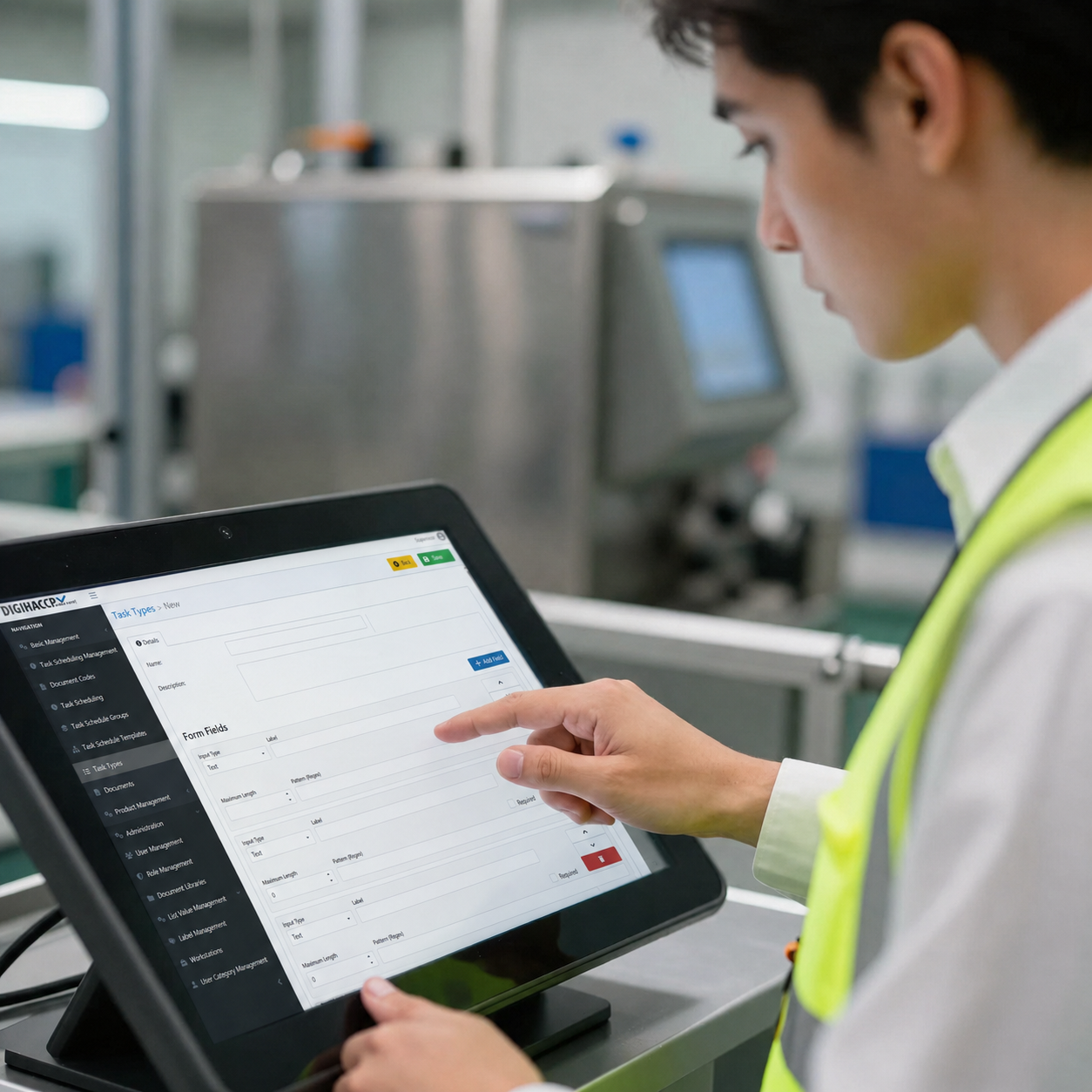Technician in lab coat using a tablet beside stainless steel machinery in a clean factory