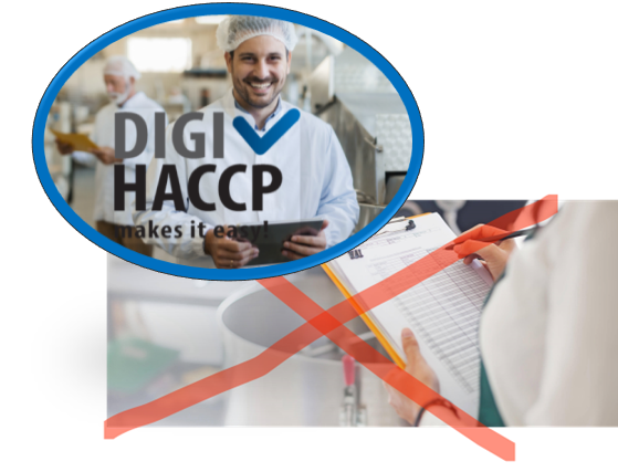A logo for Digi HACCP overlaid on a person holding a clipboard with a red X drawn across it.