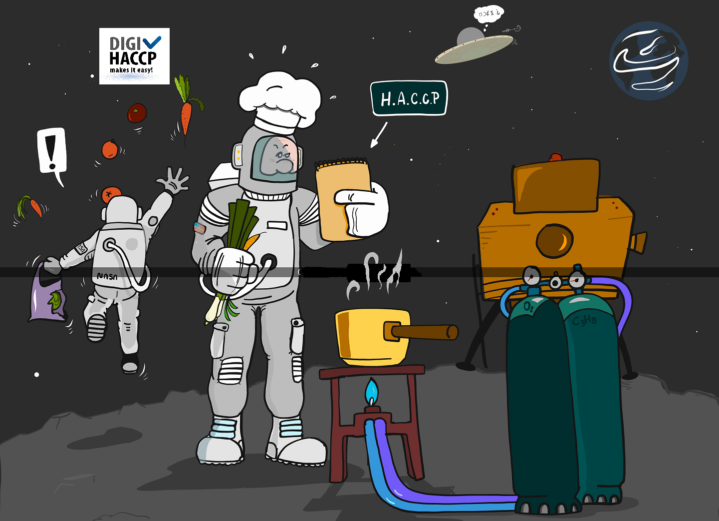 Astronauts on a dark alien surface connect colorful hoses to a robot beside a sign reading “HACO.”