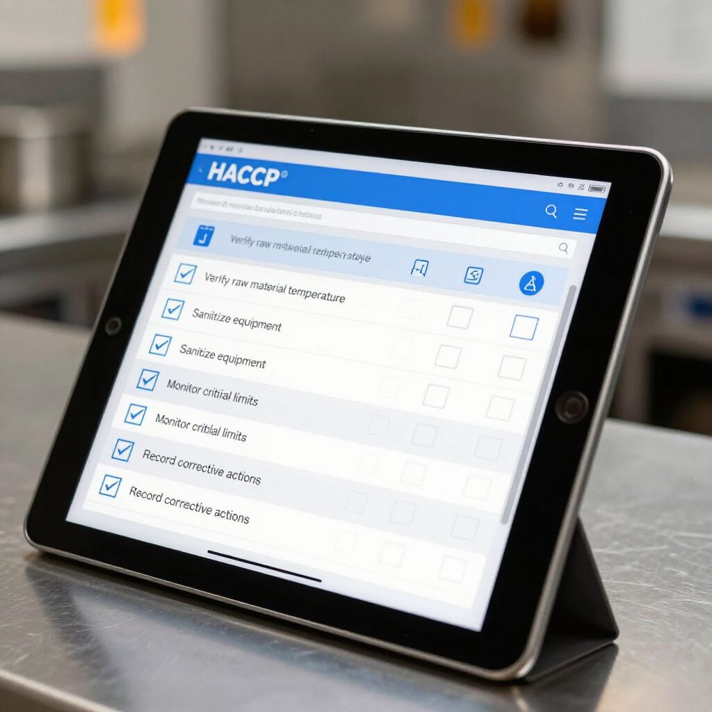 A tablet on a stainless steel surface displaying a digital HACCP compliance checklist.