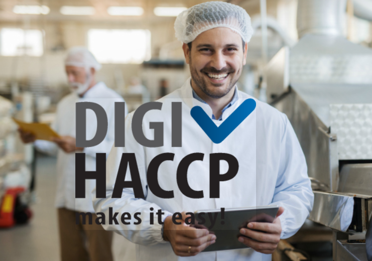 A professional in a factory wearing a hairnet and lab coat holds a tablet, with the "DIGI HACCP makes it easy!" logo overlaid.