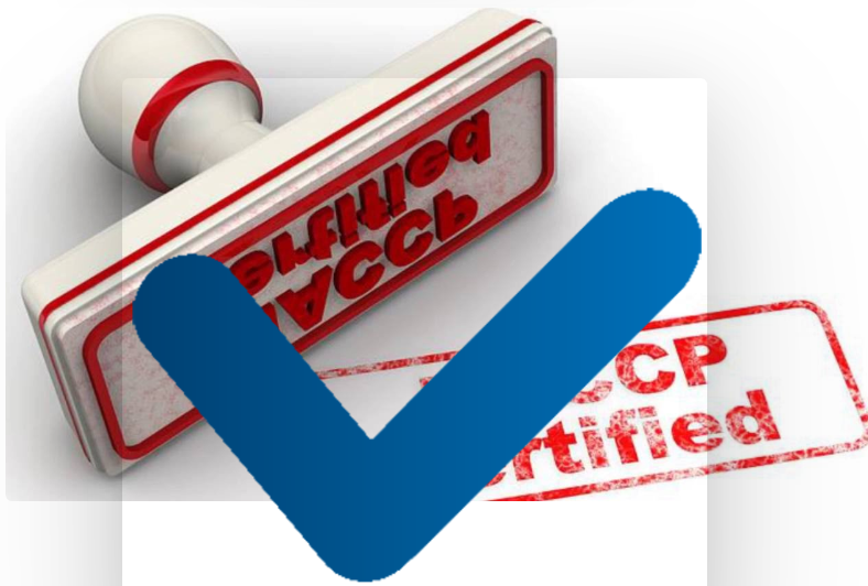 A 3D rubber stamp labeled "HACCP Certified" with a large blue checkmark overlaid on the image.