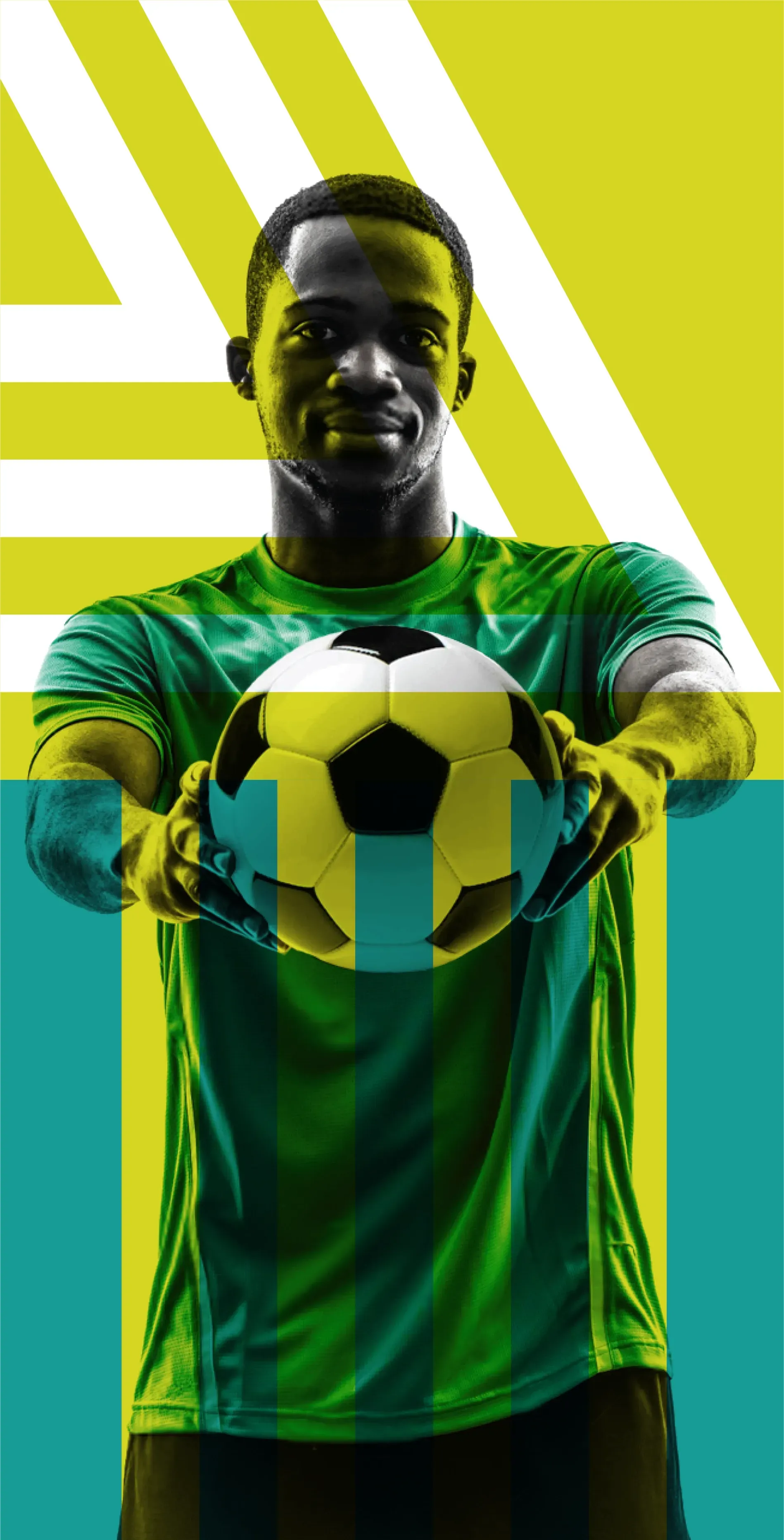 Soccer player holding a ball, wearing a green jersey against yellow and teal background.