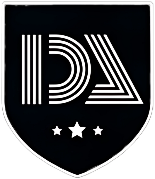 Black shield with white “DA” logo; three stars at the bottom.