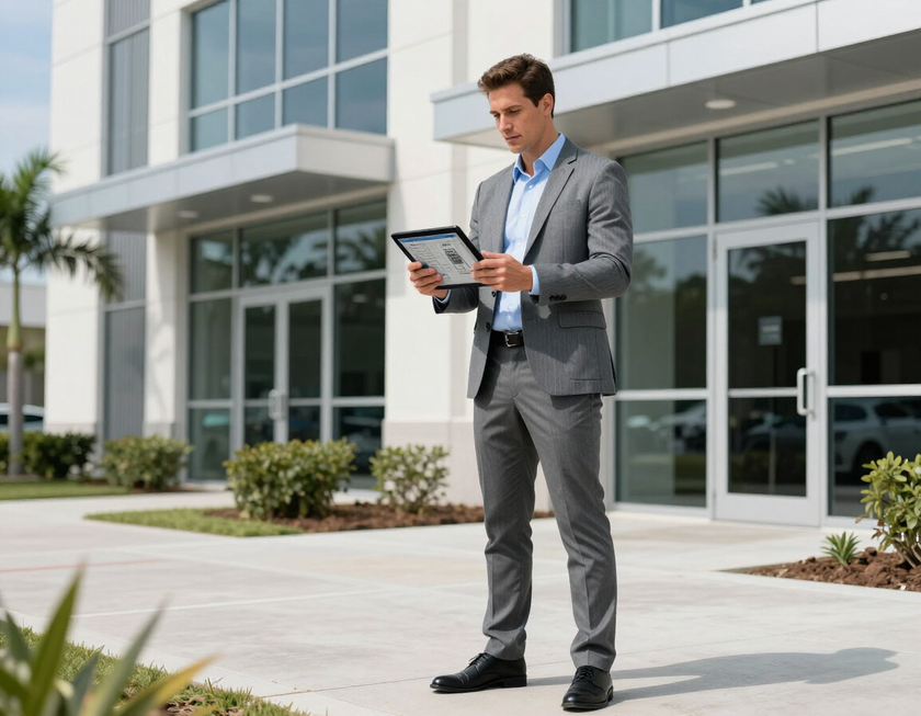 Commercial property inspector with tablet evaluating mechanical systems of a commercial building in Florida