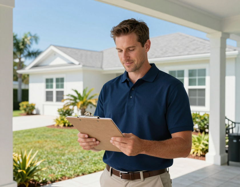 Professional home inspector reviewing clipboard on the front porch of a Florida home