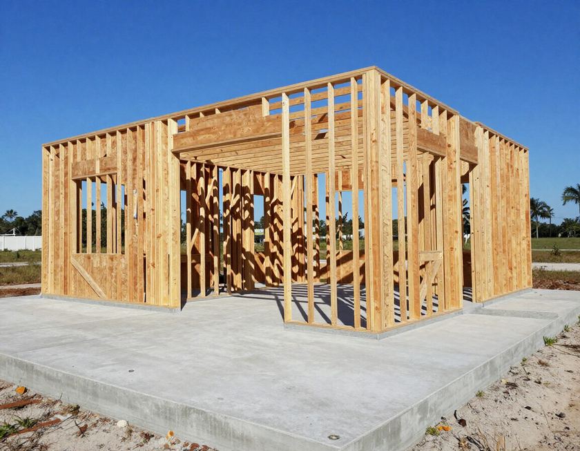 New construction home mid-build showing wooden framing and concrete slab during pre-drywall phase