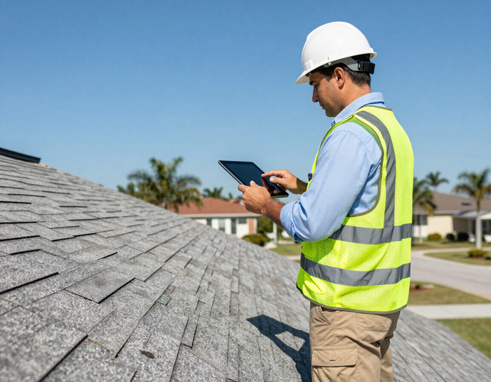 Inspector documenting roof condition on tablet