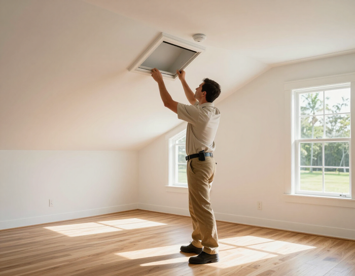 Inspector examining attic access panel