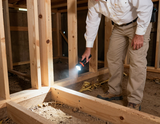 Inspector examining wood framing with flashlight