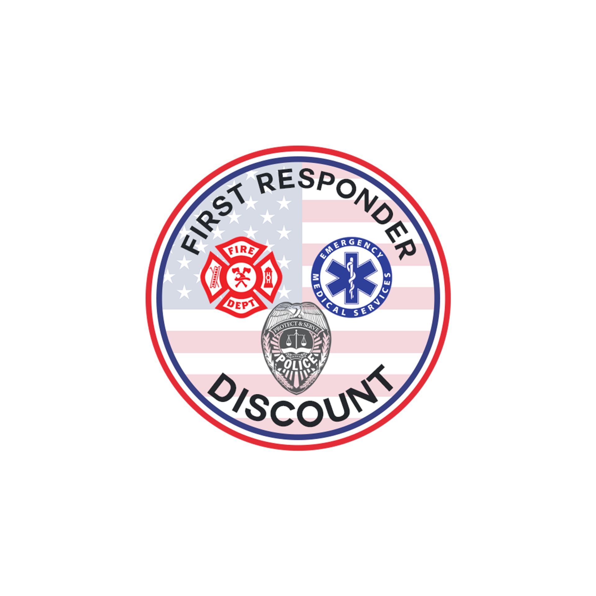 First responder discount badge with red and blue emblems and police seal inside circular border