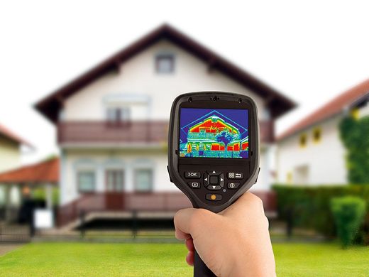Hand holding a thermal camera aimed at a house, showing heat map colors on the screen