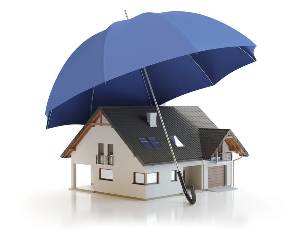 House protected by a large blue umbrella symbolizing insurance or shelter