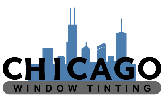 Chicago Window Tinting logo with a blue Chicago skyline silhouette.