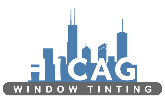 Logo for window tinting company. Chicago skyline silhouette with 