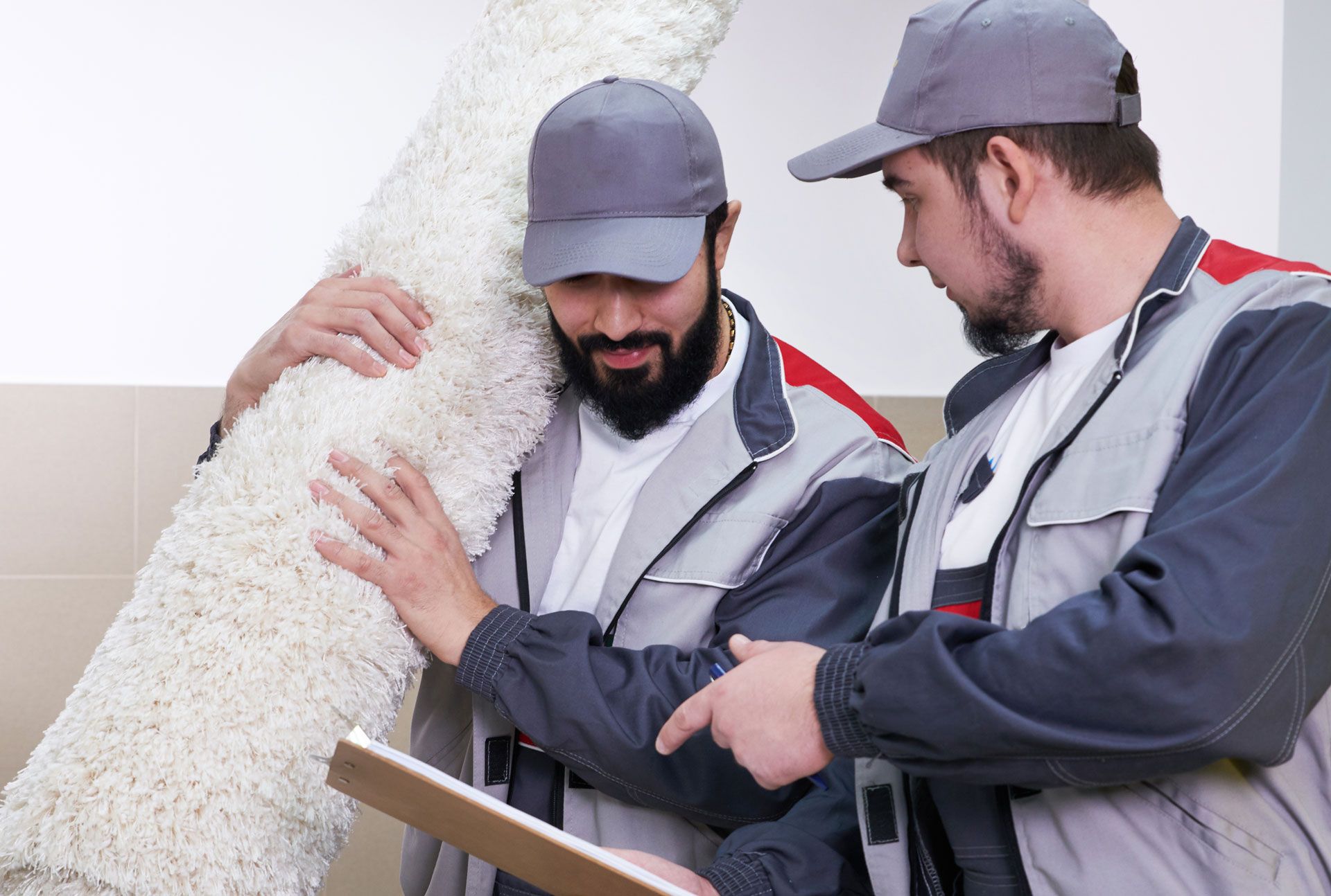a man holding a carpet while another man looks at a clipboard