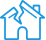 A blue line drawing of a broken house.