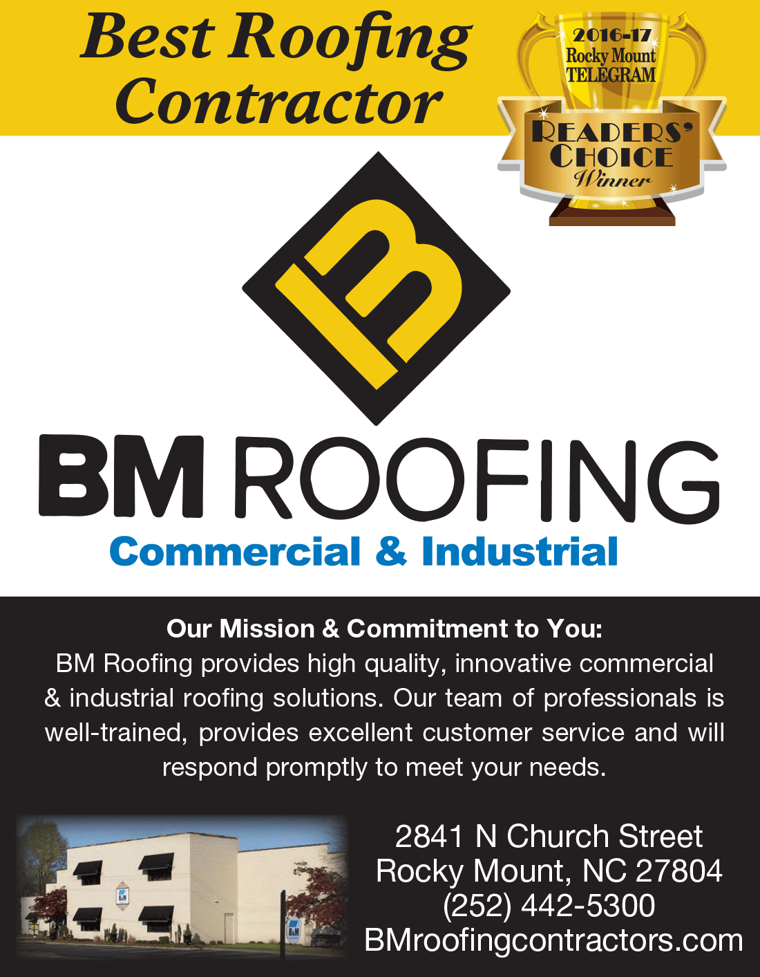 BM Roofing commercial roofing ad with logo, 
