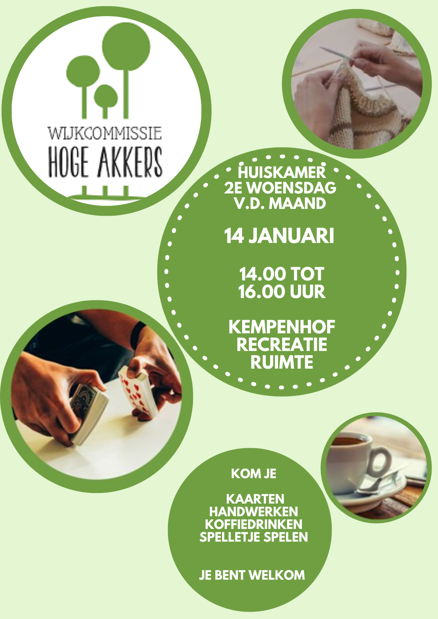 ️ Huiskamer van de Wijkcommissie – Kom erbij! ️
Beste buurtgenoten,
Op woensdag 14 januari zetten we de deur van onze huiskamer weer wagenwijd open! Tussen 14.00 en 16.00 uur ben je van harte welkom in de recreatieruimte van Kempenhof, Antwerpsebaan 3.
Verwacht geen chique high tea, maar wél een warme kop koffie, gezellige gesprekken en minstens één buur die een verhaal vertelt dat begint met “vroeger…”. Het is dé plek om even binnen te lopen, bij te kletsen, een spelletje te doen of gewoon lekker te zitten en te genieten van de sfeer.
Dus kom erbij, schuif aan en maak van je woensdagmiddag een klein feestje. Hoe meer buurt, hoe meer vreugd!