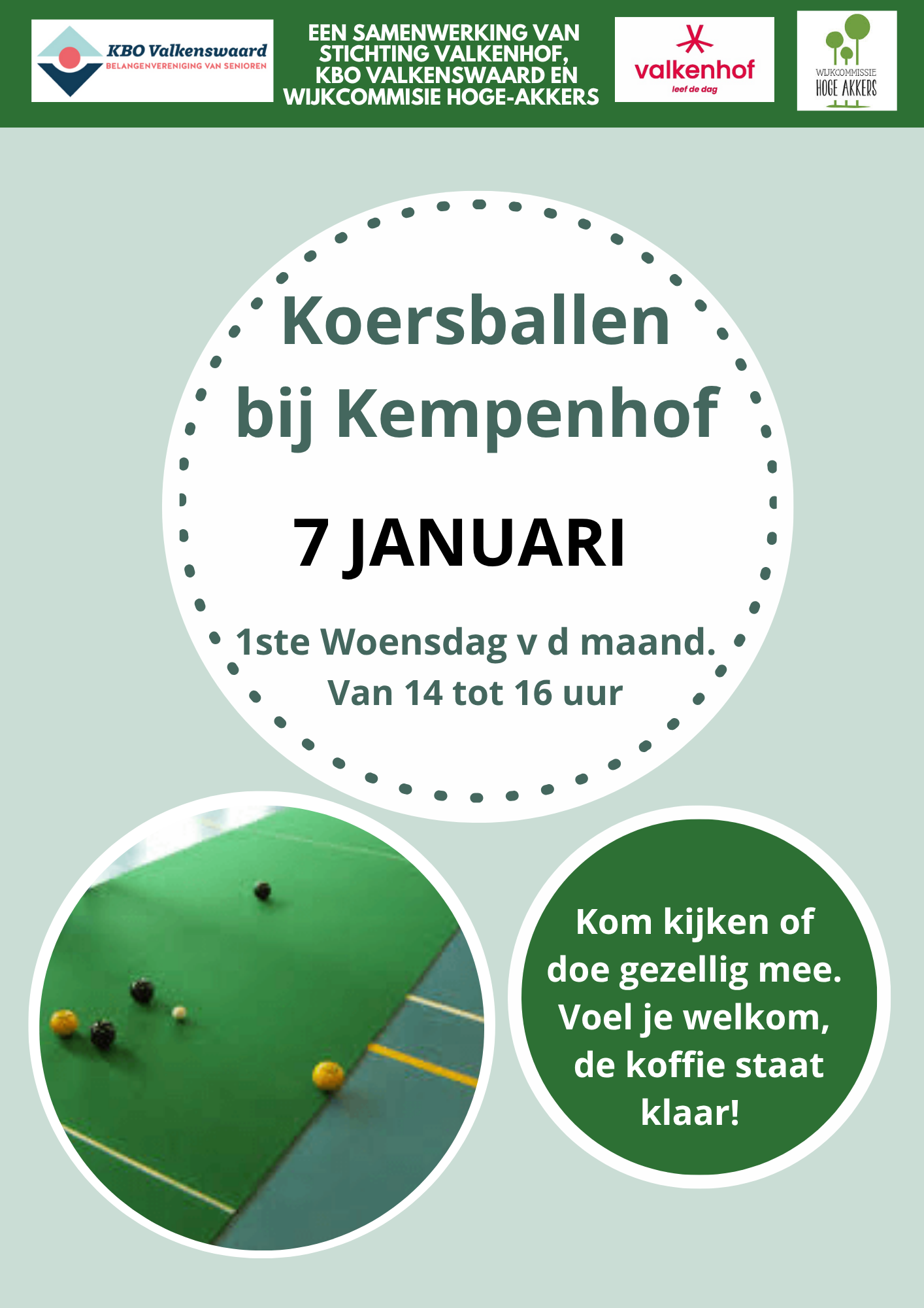  Koersbal: de sport voor kampioenen met koffievlekken! ☕
Beste buurtgenoten,
Heb je een vaste hand, een goed humeur en een zwak voor gezelligheid? Dan is koersbal echt iets voor jou! En nee, je hoeft geen atleet te zijn — als je een bal kunt rollen zonder de vaas van de buurvrouw om te kegelen, zit je goed.
 Woensdag 7 JANUARI  14.00 – 16.00 uur  Kempenhof
Of je nu een doorgewinterde koersballegende bent of nog denkt dat het iets met koers en fietsen te maken heeft — iedereen is welkom! We zorgen voor de ballen, de baan én de koekjes. Jij hoeft alleen je glimlach mee te nemen (en misschien een beetje geluk).
Kom langs, gooi een balletje mee en ontdek dat koersbal spannender is dan je denkt. Wie weet ga jij wel naar huis met eeuwige roem… of in elk geval met een koekje extra.
Tot dan, kampioen in de dop!