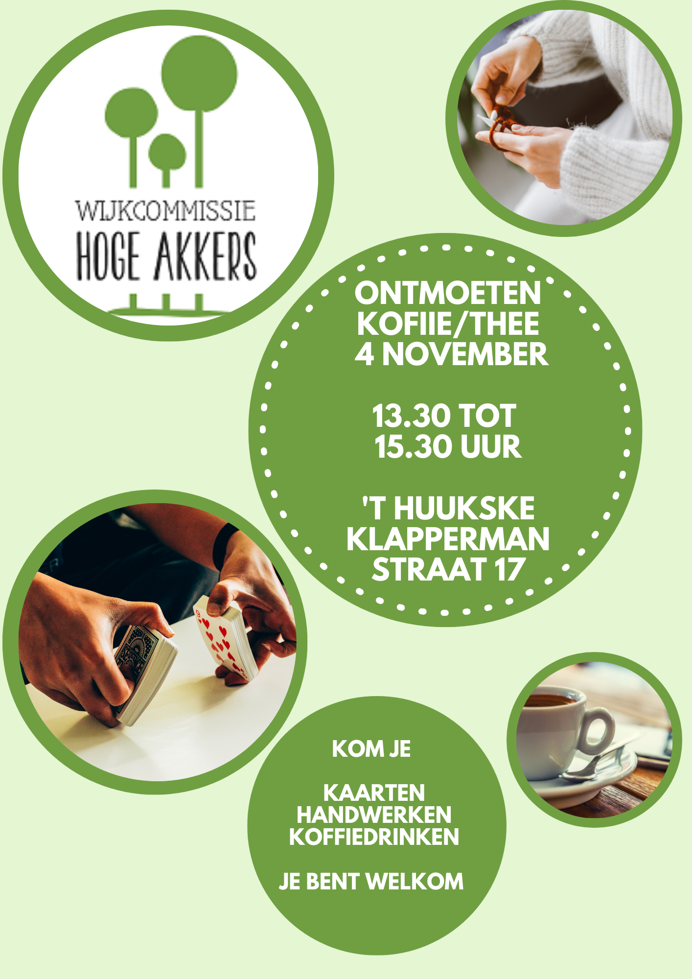 Koffie, thee & een flinke portie gezelligheid!
Beste buurtbewoner,
Ben jij toe aan een praatje, een lach, of gewoon een goede kop koffie (of thee, we discrimineren niet)? Dan hebben wij iets voor jou!
Dinsdagmiddag 13.30 – 15.30 uur Het Huukske, Klappermanstraat 17
Kom langs voor een ontspannen ontmoetingsmoment met je mede-wijkgenoten. Geen verplichtingen, geen speeches, wél koekjes. En wie weet... misschien ontdek je dat de buurman ook fan is van tuinieren, breien of stiekem van André Hazes.
Dus zet je mok klaar, trek je gezelligste trui aan en schuif aan bij ons in het Huukske. Want samen koffiedrinken is altijd leuker dan alleen!
Tot dinsdag – wij zetten het water alvast op!