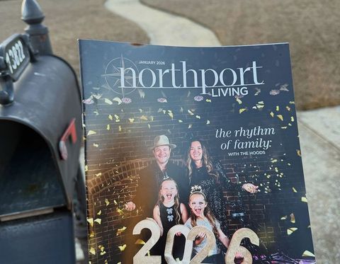 Northport Living magazine with a family cover and “the rhythm of family” text beside a mailbox.