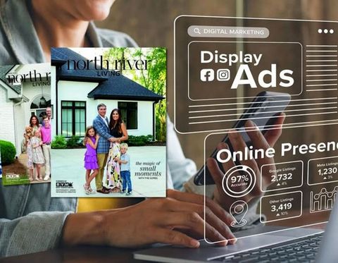 Person using laptop with “Display Ads” and “Online Presence” graphics overlaid, plus a magazine ad spread on the left